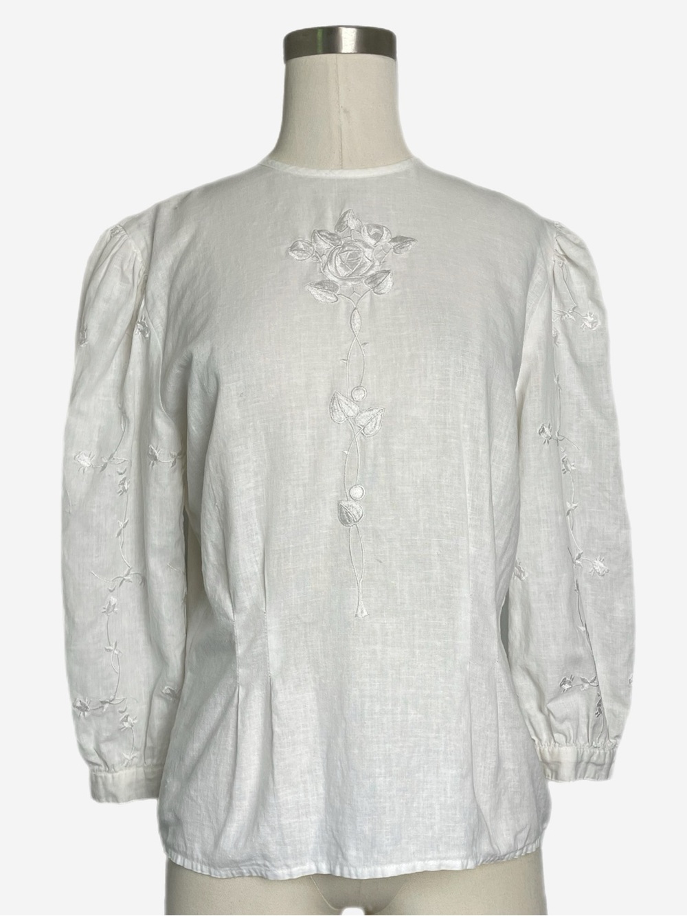 Vintage Donna Morgan White linen floral embroidered button blouse poetcore S